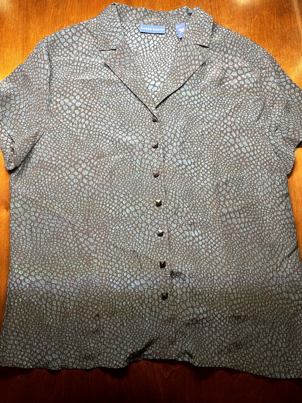 Karen Scott L Silk Teal Brown Reptile Print Button Up Y2K Style Blouse
